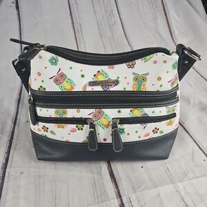 Stone Mountain USA Bonded Leather Multicolor Printed Owls Shoulder Handbag White